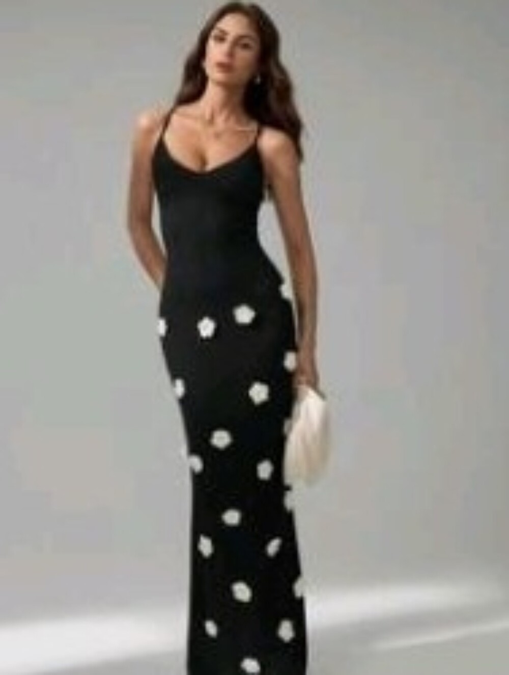 Black Maxi Dress with White Rosette Appliqués